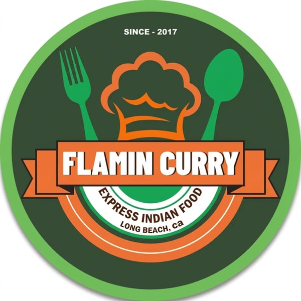 Flamin Curry logo with a chef's hat, fork, and spoon, on a green and orange background.