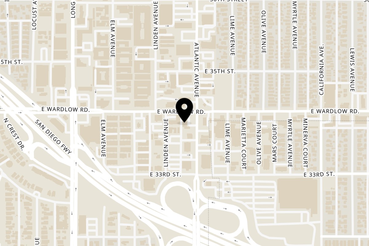 Map showing the location of Flamin Curry Atlantic Ave on 3387 Atlantic Ave in Long Beach